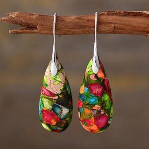 3/$35 Retro Water Droplets Natural Stone Red Green Khaki Silver Drop Earrings